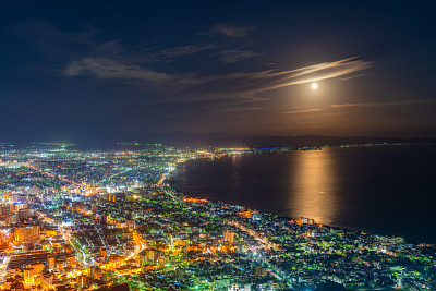 函馆山观函馆城夜景，皓月照海，水面金碧辉煌