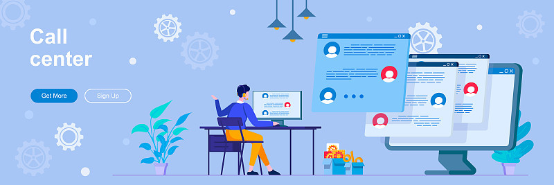 Call center landing page with people characters. O
