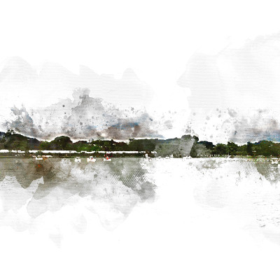 美丽的人们周末在公园划船放松。抽象的河流和树木景观以水彩画为背景。
