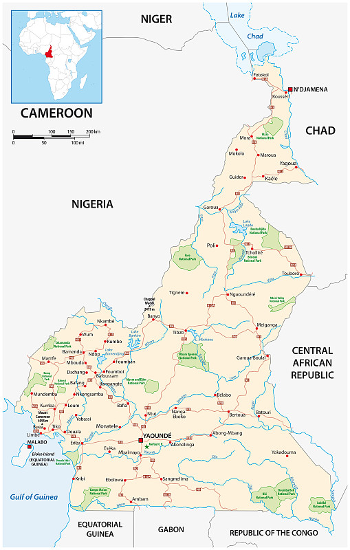 西非国家喀麦隆的矢量路线图