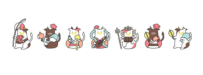 2021年日本庆祝新年的牛的七位幸运神插图矢量文件