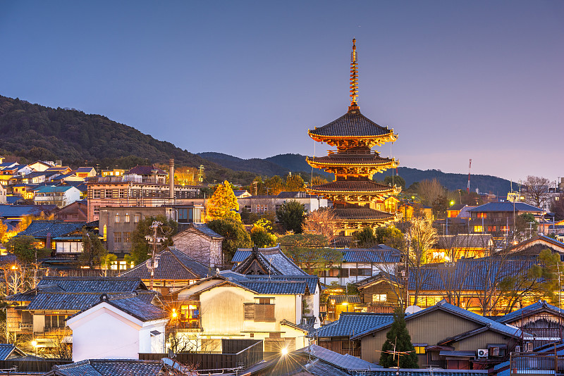 京都，日本东山区的老城区天际线