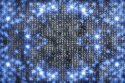 蓝色矩阵数字背景。抽象的网络空间的概念。人物倒了。来自符号流的矩阵。虚拟现实设计。复杂的算法数据黑客