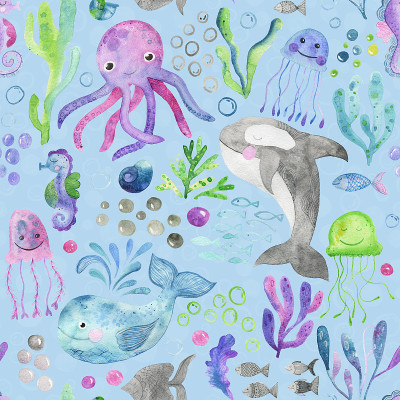 水彩画的海洋生物。可爱漂亮的手绘水彩无缝图案背景