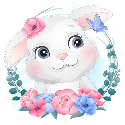 可爱的小兔子与水彩插图