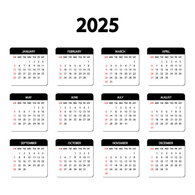 日历2025年。一周从周日开始。年度英语日历2025模板。文具垂直模板简单，设计最小。肖像取向