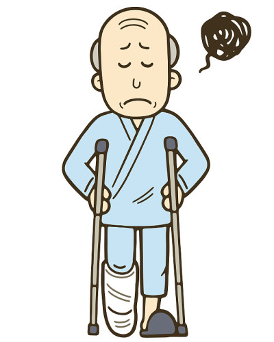 一个老人拄着拐杖断了一条腿的插图。