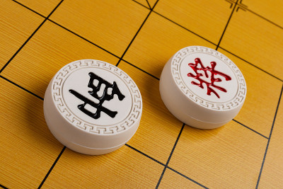 棋盘上有两个中国象棋的领导人，红色的一个是上将，另一个是将军