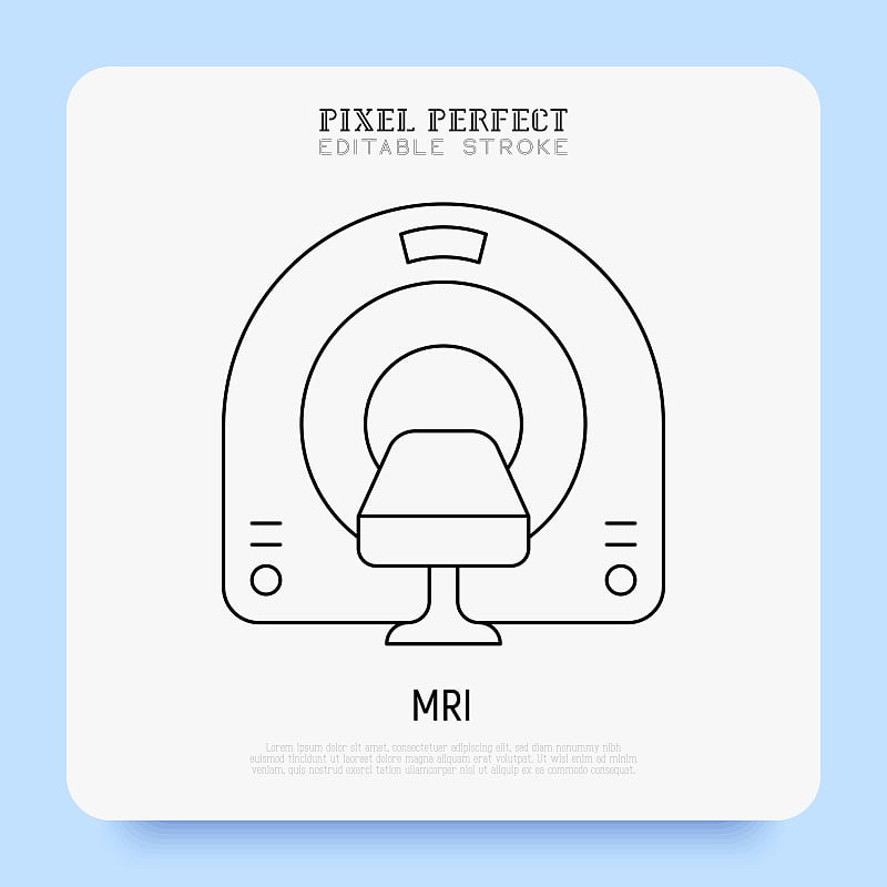 MRI扫描仪细线图标。肿瘤检测用医疗设备。像素完美，可编辑的笔触。矢量插图。