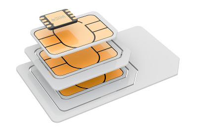eSIM, nano, micro和mini sim卡，3D渲染隔离在白色背景