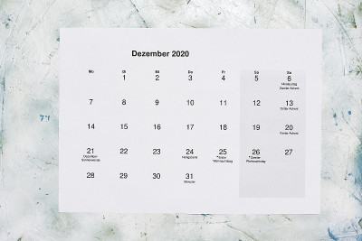 月历2020年12月。翻译:2020年12月月历