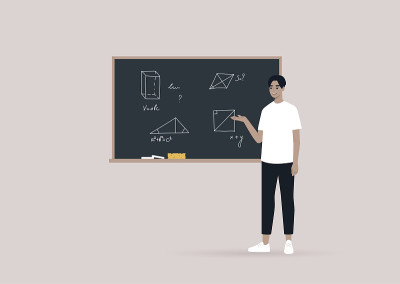 一位年轻的教师在黑板上用手画的数字讲解几何学