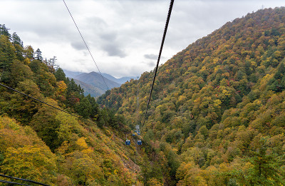 在秋叶季节，从龙多拉(Naeba-Tashiro Gondola)看到的山脉和山谷。