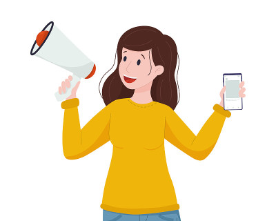 用户原创内容的概念。一个女人手里拿着电话，对着扩音器讲话。内容创作、评论。