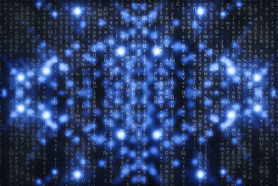 矩阵在蓝色数字背景。人物倒了。流的符号。闪亮的虚拟现实与复制空间。闪闪发光的背景。复杂的算法。下降的