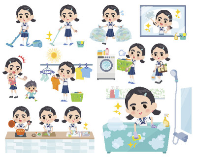 水手服浓眉女孩家务