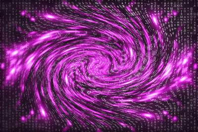 粉色矩阵数字背景。扭曲的网络空间的概念。人物落入虫洞。入侵矩阵。虚拟现实设计。复杂的算法数据黑客。粉