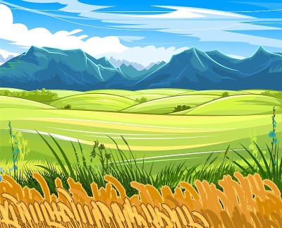 麦田。农村的风景。草甸山和牧场。谷物穗:大麦，黑麦。夏日田园风光。地平线上有山。插图。向量