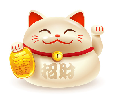 日本Maneki三氯二苯脲。幸运的猫。翻译-带来财富