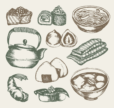 日本食物-彩色手绘插画。