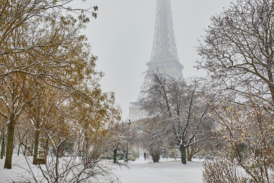 在大雪天的埃菲尔铁塔的风景