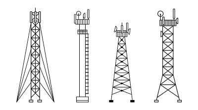 蜂窝塔的不同结构的插图的向量集。5G、4g信号分布。互联网。现代技术。大纲