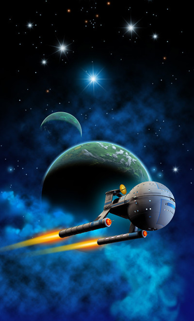 宇宙飞船飞行附近的行星系统和星云，3d插图