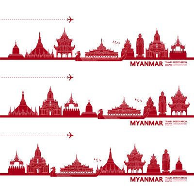 缅甸旅游目的地大矢量插图。