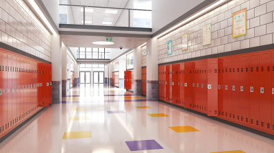 长长的学校走廊，红色储物柜，3d插图