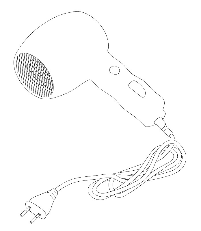 用于干燥头发的电吹风轮廓从白色背景上分离的黑色线条。矢量图