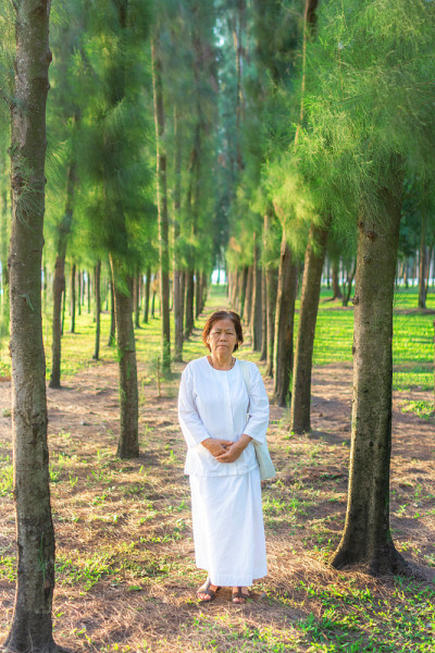 祖母守八戒。高级女性做好事为自己创造积极的因果报应。奶奶是个有道德的人。早上，奶奶在花园里穿着白色的