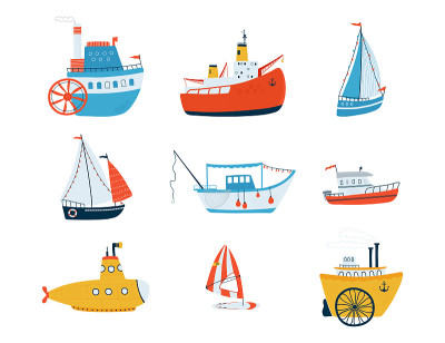 Collection cute ships isolated on white background