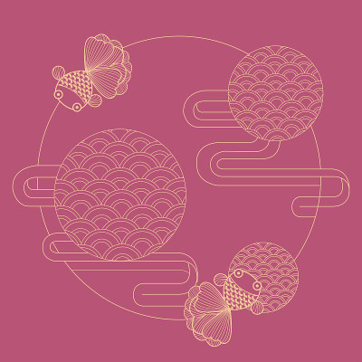 Oriental gold fish drawing with frame and design.