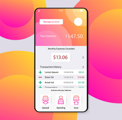 智能手机widjet手机应用用户界面设计财务理财应用。UI, UX, GUI web风格，简约的平面