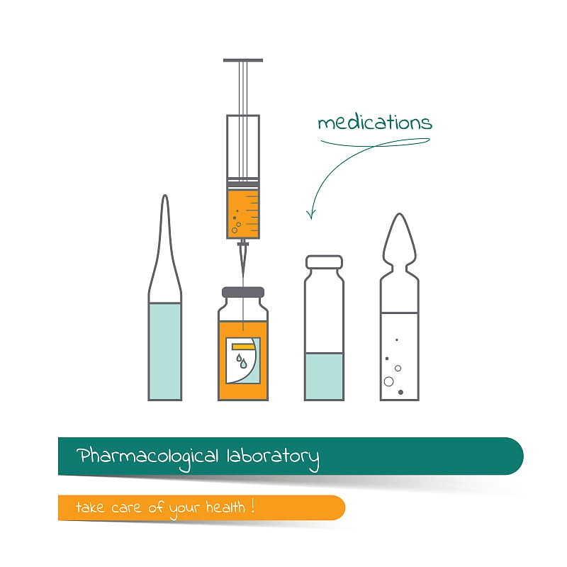 扁线图标设置的医疗瓶和注射器。