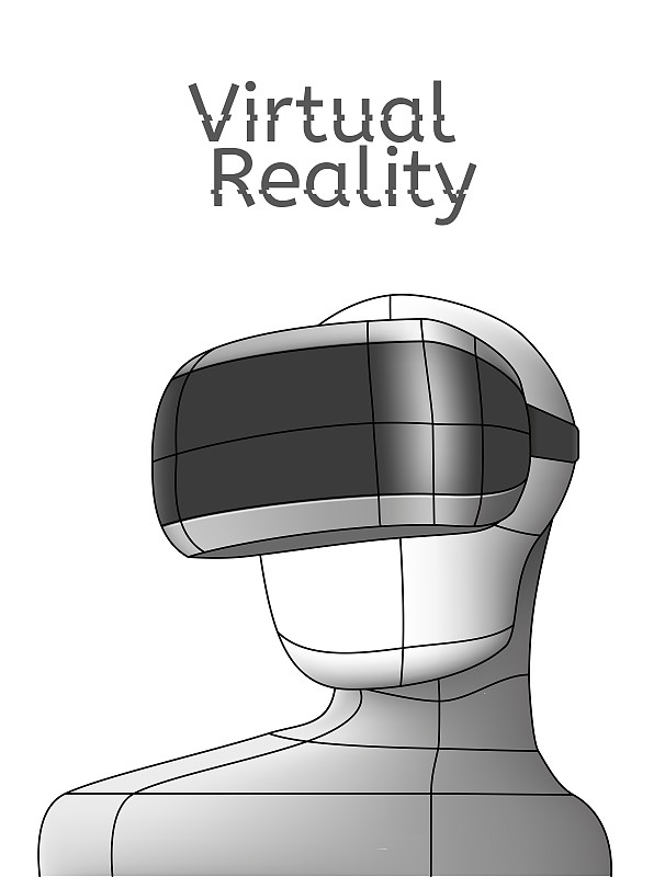 Vr海报。人在虚拟现实头盔，线性物体和元素。