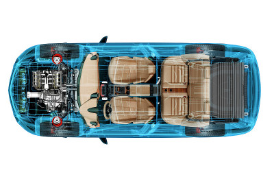 具有x射线效果的SUV汽车3d技术插图。前视图。引擎、车轮和内饰。