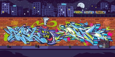涂鸦墙与图纸在夜晚的城市景观矢量插图的背景