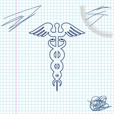 Caduceus医疗符号线草图图标孤立的白色背景。医学保健理念。药店会徽或药品，药店蛇标志。矢量图
