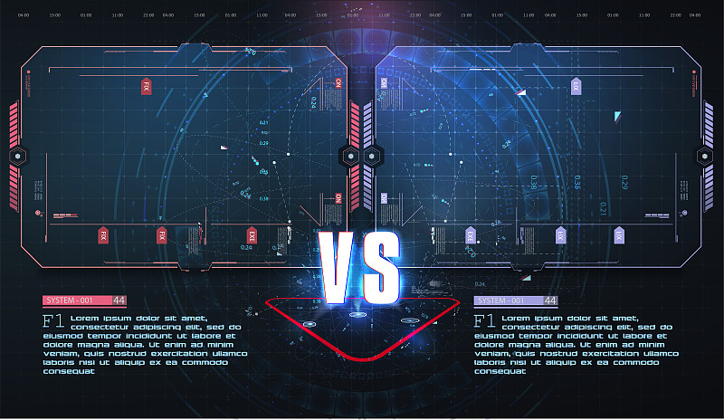 VS VS未来设计。战斗标题模板。未来的抽象技术背景。HUD, UI, GUI菜单用户界面。广场а拉