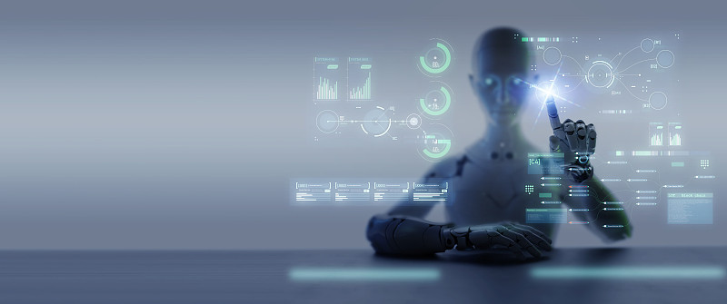 未来世界数字技术android机器人代替人类工作，3D人形机器人在HUD界面电脑屏幕上手指编程的未来