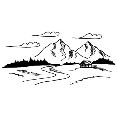 山与松树和风景黑在白色的背景。手绘岩石山峰在素描风格。矢量插图。