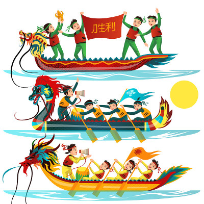 龙舟彩色平面设置矢量插图