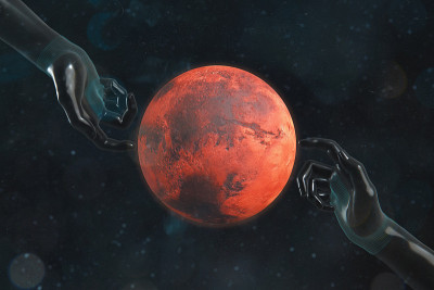 火星是红色的星球。与外界联系。库存图片