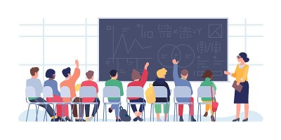 学生们在讲座中扮演角色。后排观众在礼堂。大学或学校的数学课。老师站在公式黑板前。人们学习数学。向量的