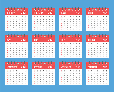 2021年日历周日开始，矢量日历设计2021年