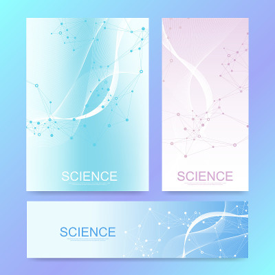 科学旗帜设计模板与彩色分子在现代背景。科学矢量插图为科学或医学背景。波流。