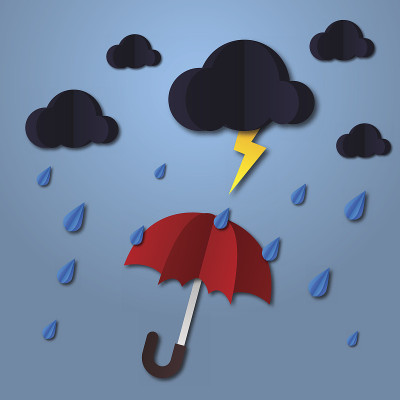 雨伞在空中带着云和雨。纸艺术风格。业务的项目模板。矢量艺术和插图。