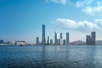 航拍珠海横琴金融岛上的现代建筑
