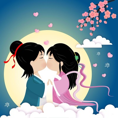 七夕或七夕矢量插画。牛郎织女在美丽的夜空中相会。